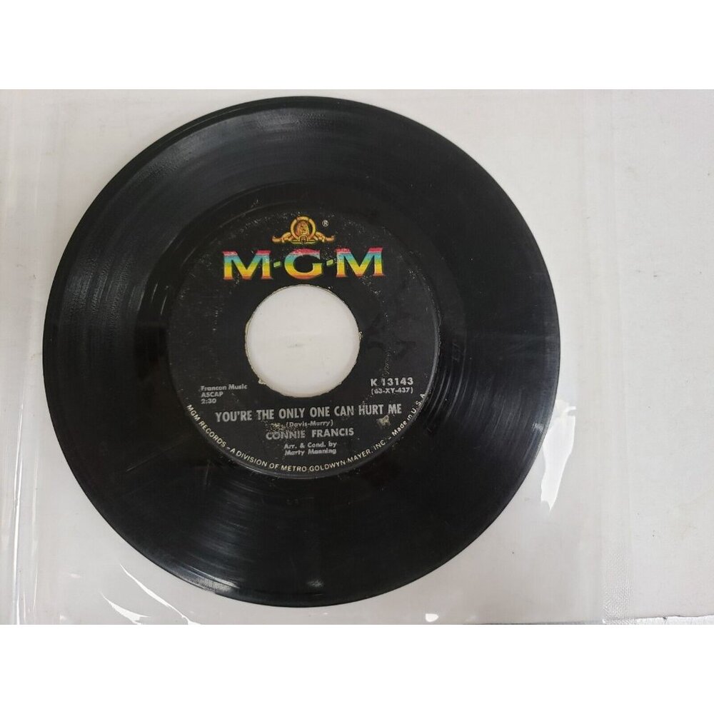 Record 45 RPM Vinyl  Connie Francis- You're The Only One Can Hurt Me